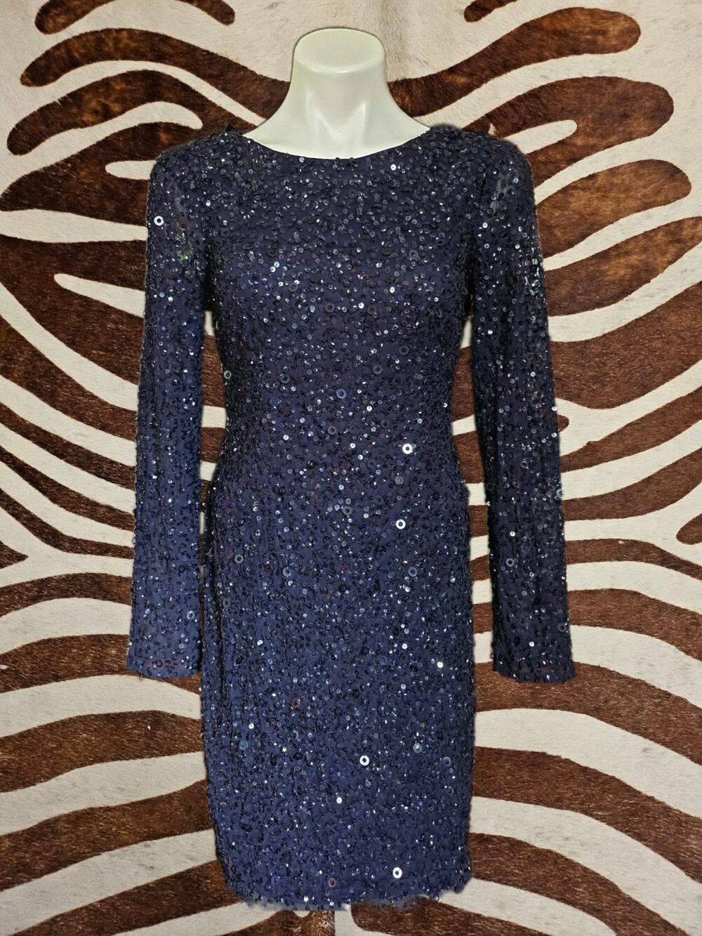 New Adrianna Papell Long Sleeve Sequin Cocktail Dress SZ 6 Navy